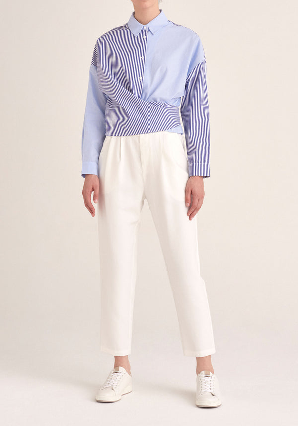 Paisie Contrast Stripe Wrap Shirt in Blue and White